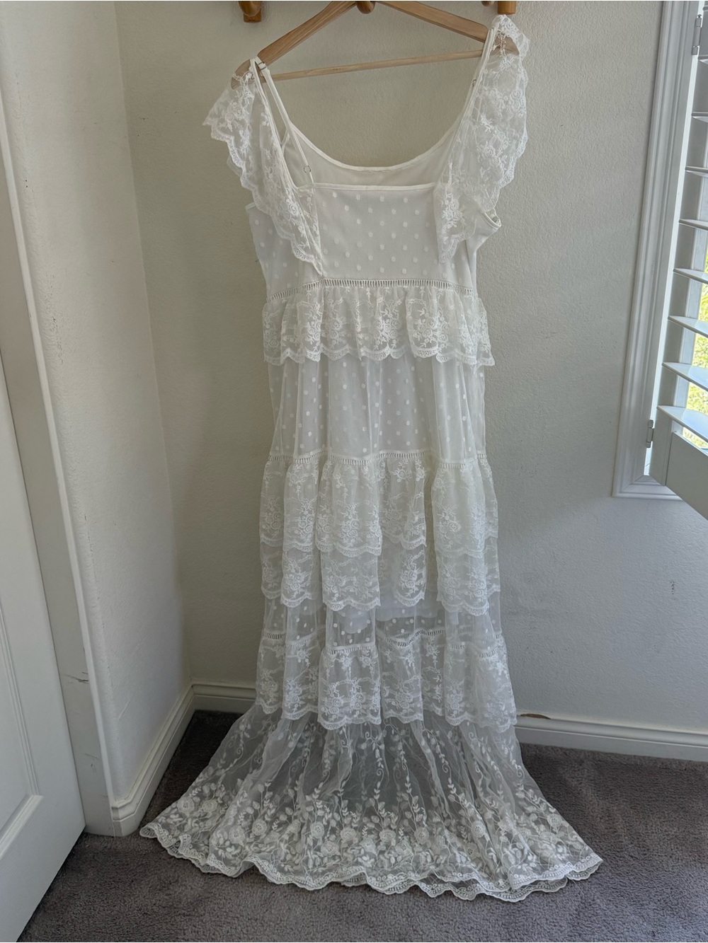 Boho White lace maxi cold shoulder tiered dress ruffles polka dots cottagecore - Picture 6 of 8
